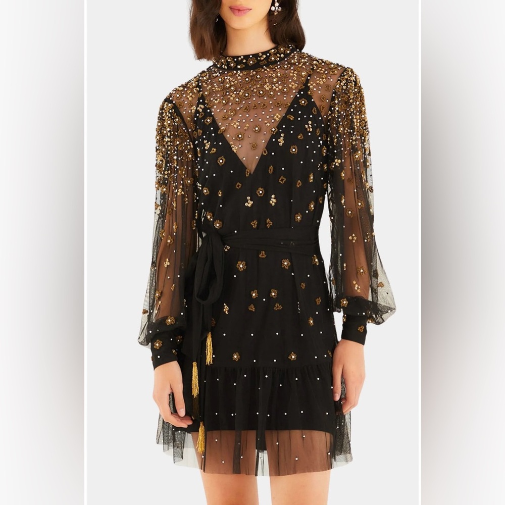 FARM RIO Black Embroidered Tulle Overlay Belted Long Sleeve Mini Dress,Small,398 - Picture 6 of 16